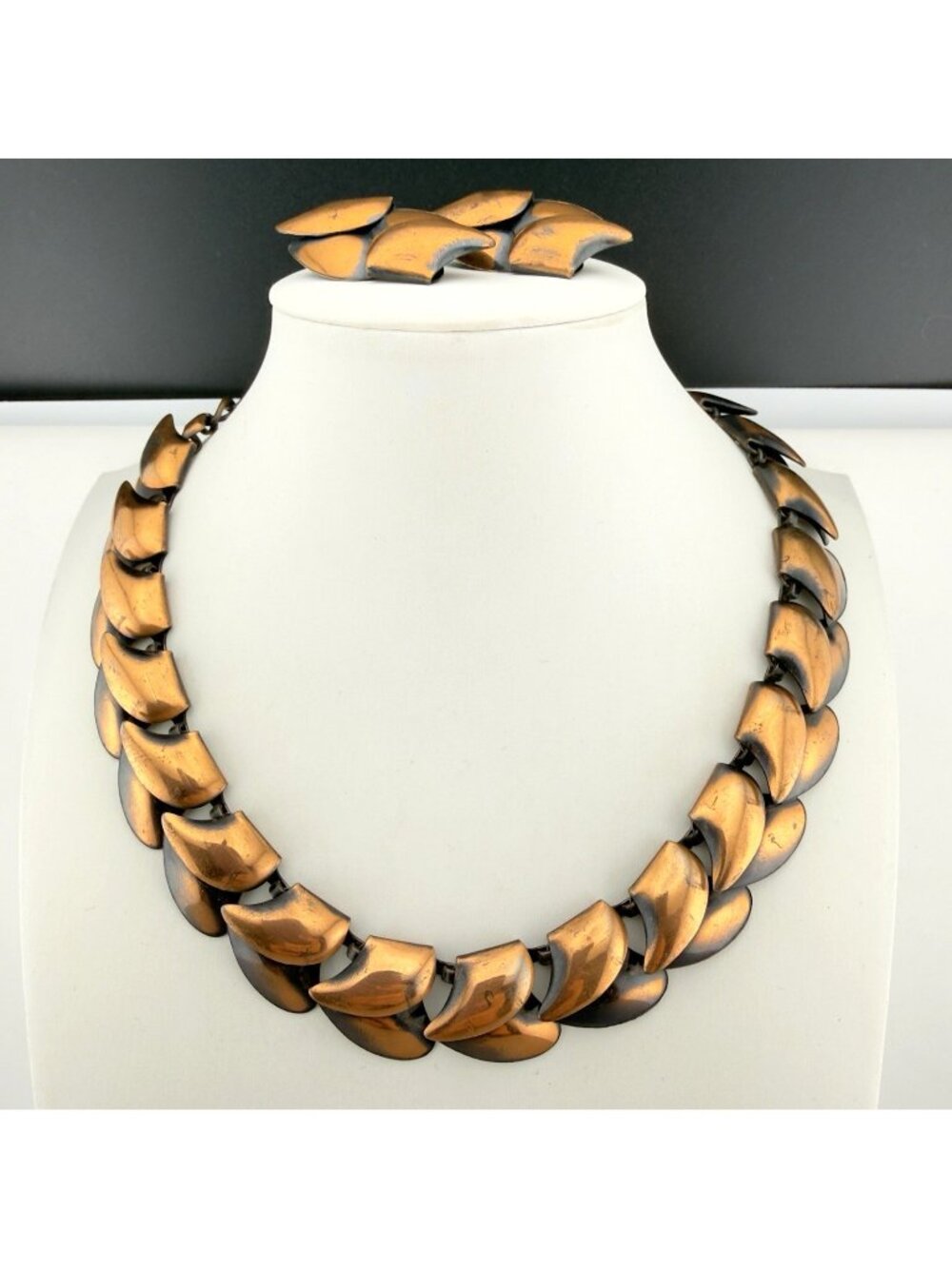 Vintage Copper Necklace Clip On Earrings Set Leaf Autumn Collar 15”